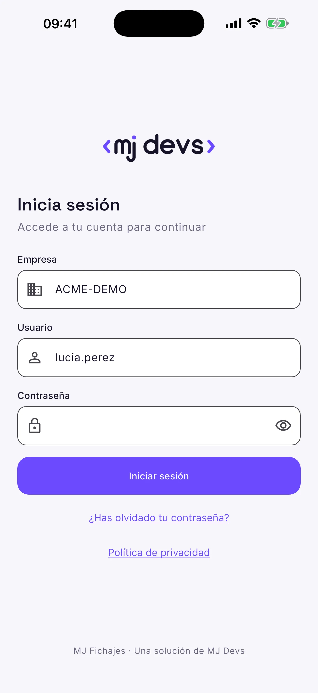 Pantalla de acceso con los campos empresa, usuario y contraseña