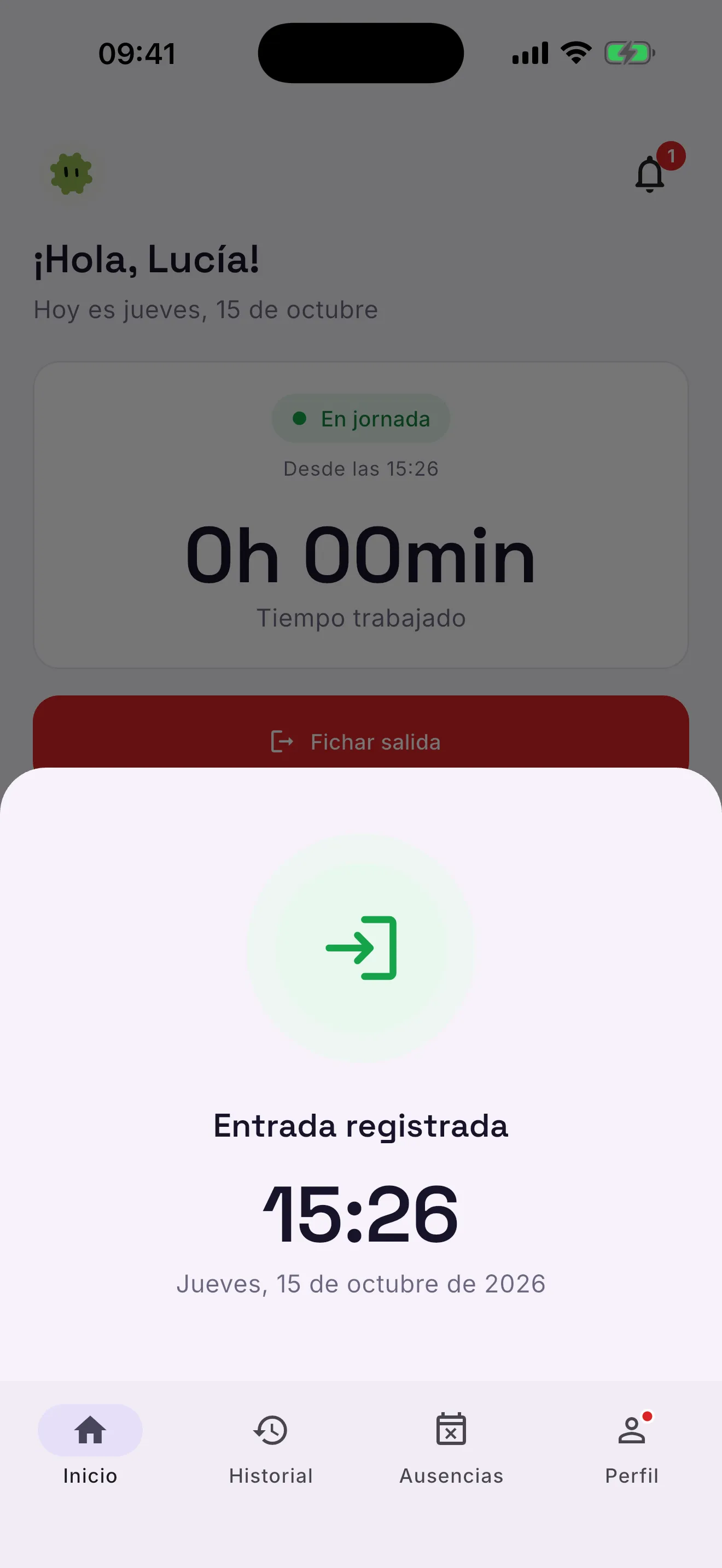 Confirmación «Entrada registrada» con la hora del fichaje