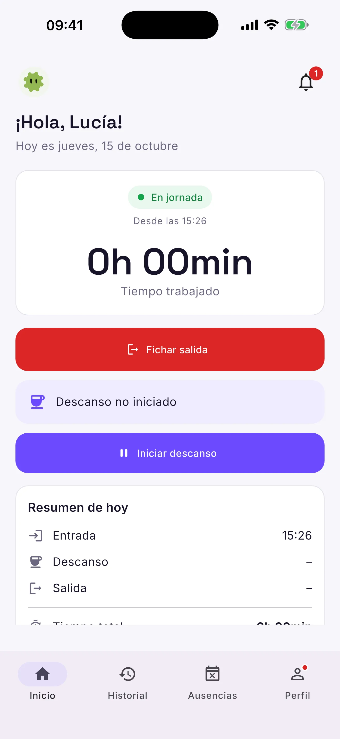 Inicio en jornada: contador de tiempo trabajado y botones «Fichar salida» e «Iniciar descanso»