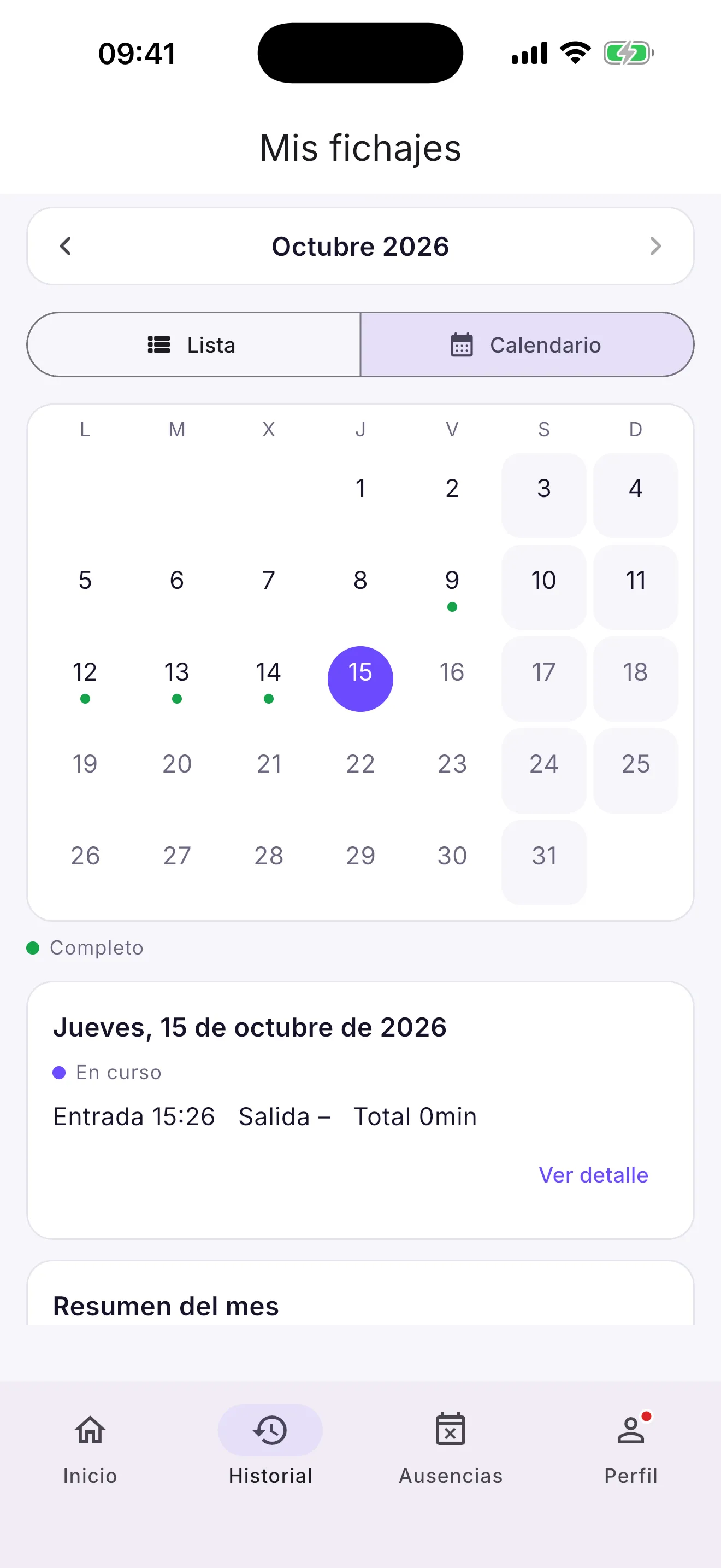 Historial «Mis fichajes» en vista de calendario mensual