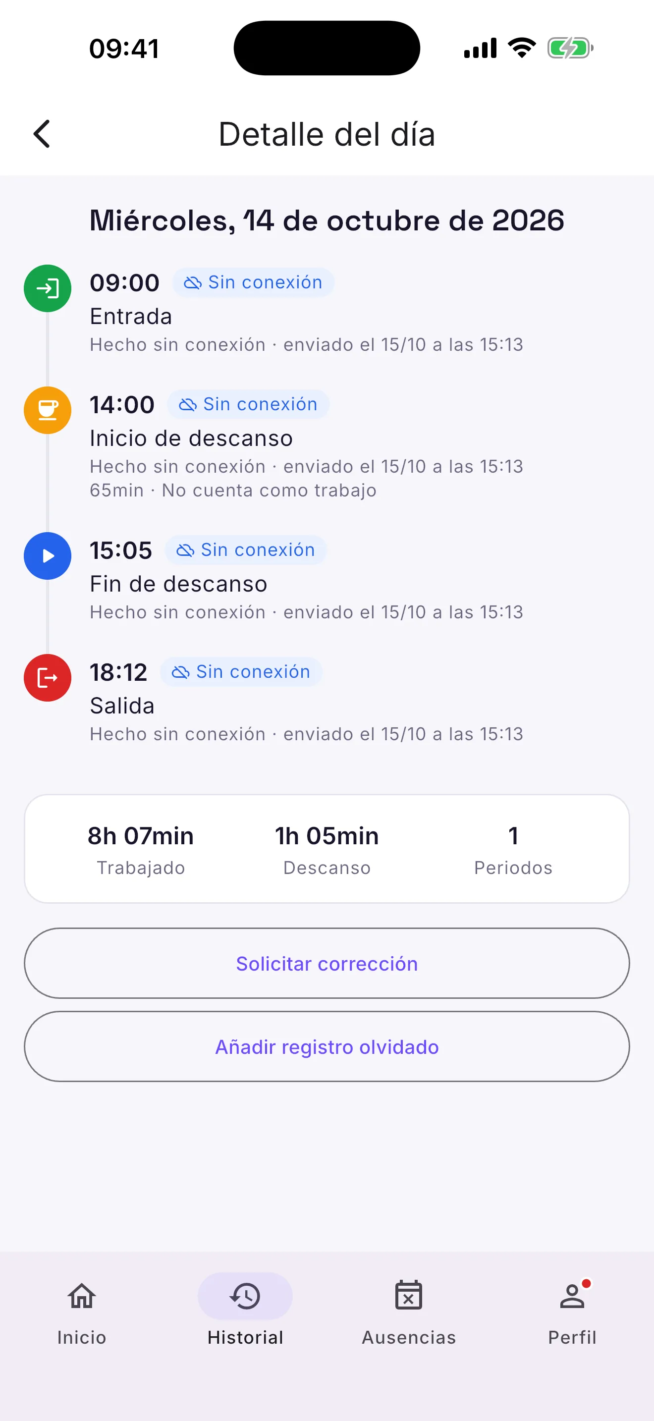 Detalle de un día con sus fichajes y los botones «Solicitar corrección» y «Añadir registro olvidado»