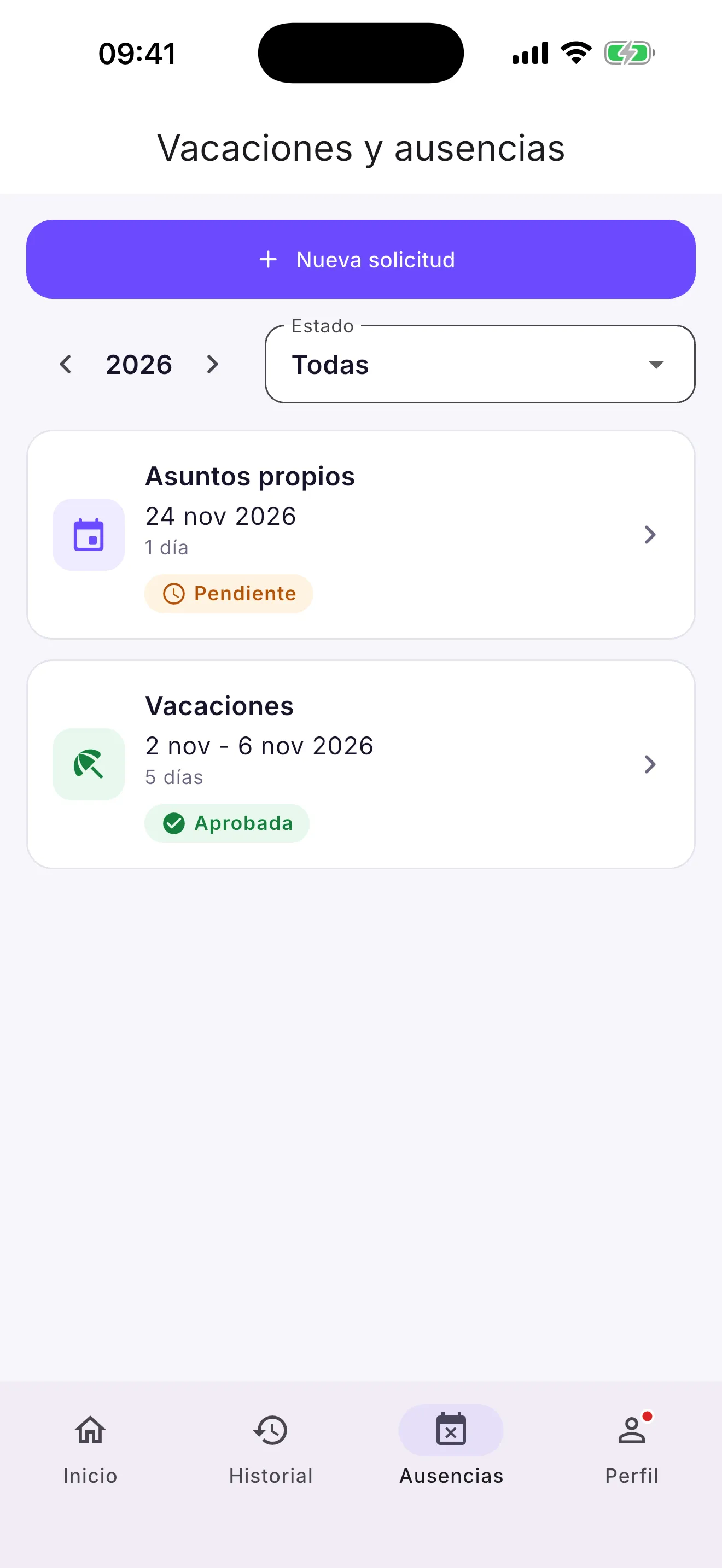 Vacaciones y ausencias: solicitudes con su estado, pendiente o aprobada
